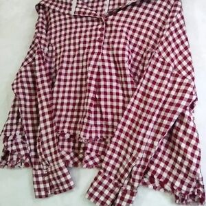 Free People Red and White Hooded Oversized Plaid Top